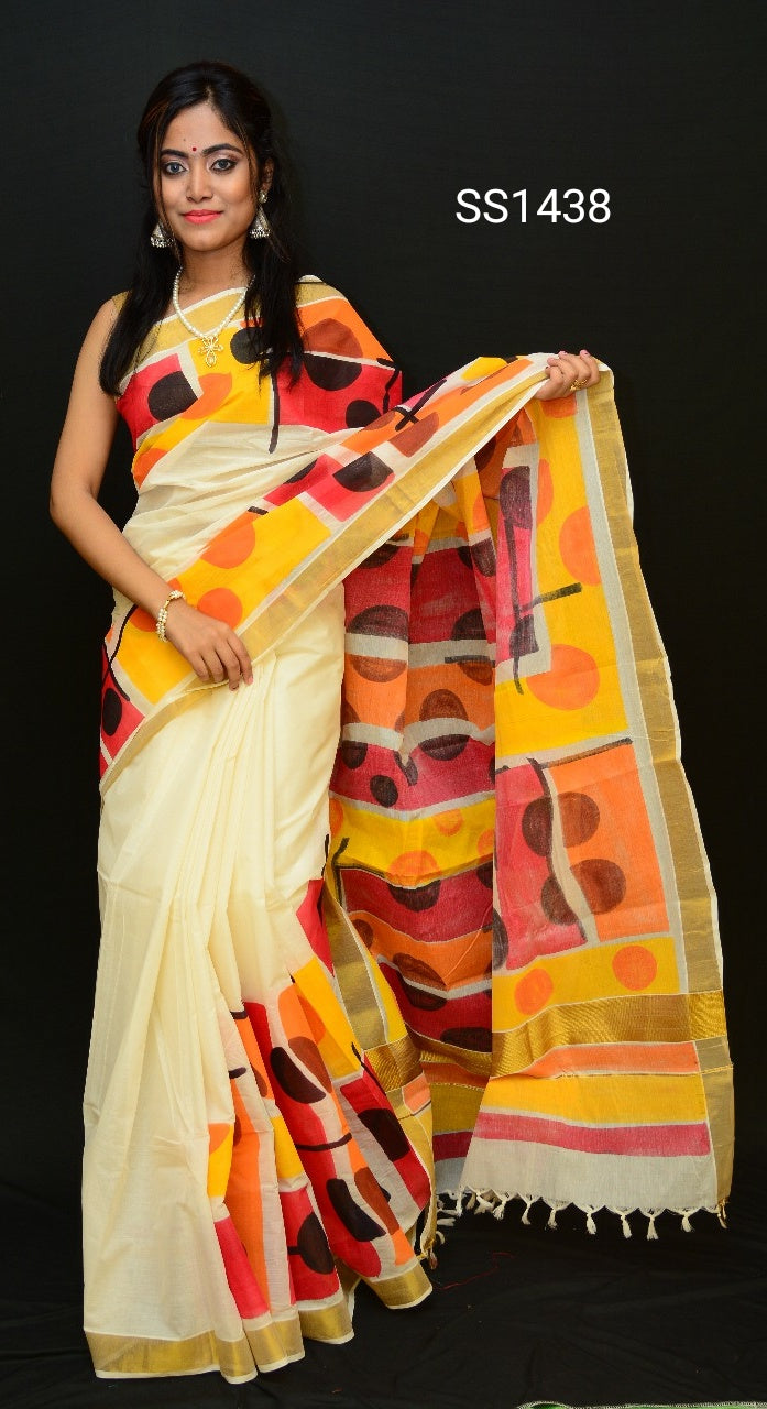 Beige Yellow Kerala Pure Cotton Sarees - Dailybuyys