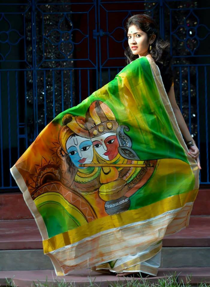Green & White Kerala Pure Cotton Sarees - Dailybuyys