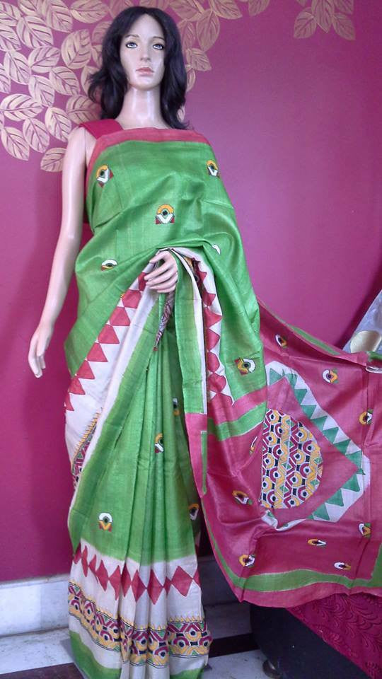Green & Pink Embroidery Applique Stitch Kathiawari Sarees