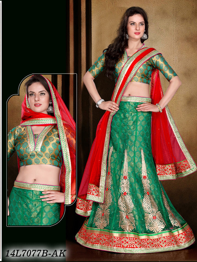 Red Green Net Brocade Lehenga Choli - Dailybuyys