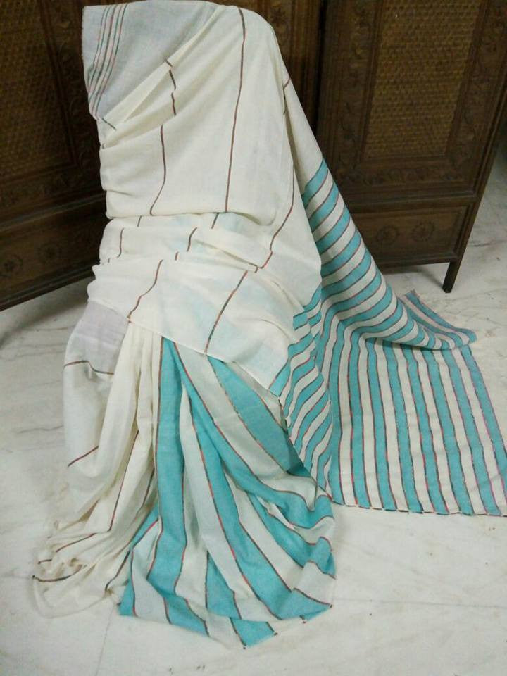White & Sky Blue Khesh Sarees - Dailybuyys