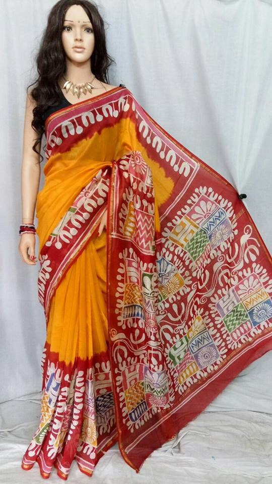 Red & Yellow Handprint Batik Chanderi Silk Sarees - Dailybuyys