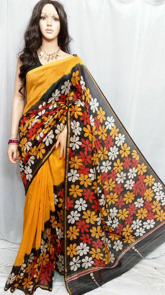 Yellow Handprint Batik Chanderi Silk Sarees - Dailybuyys