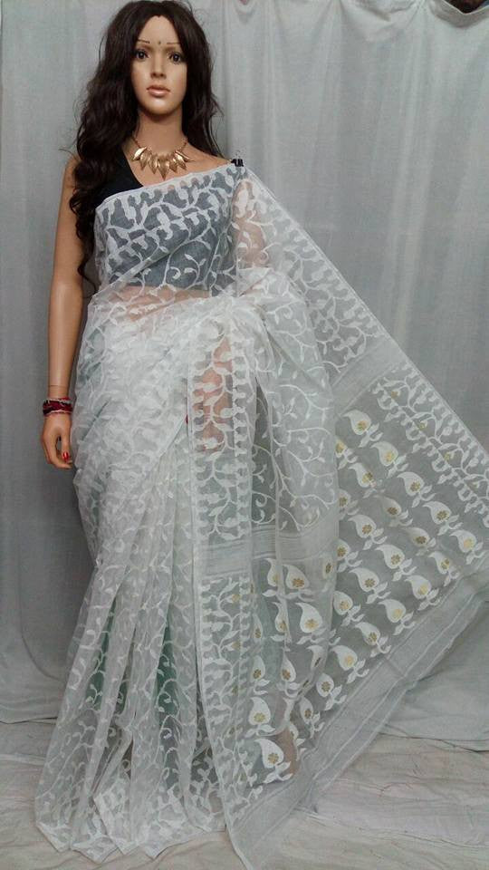 White Dhakai Jamdani Sarees - Dailybuyys