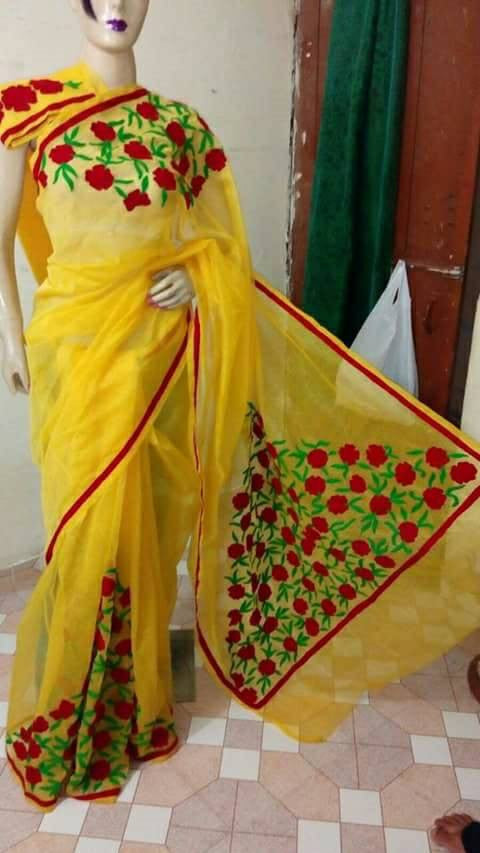 Yellow Bangladeshi Pure Cotton Kathiawari Sarees - Dailybuyys