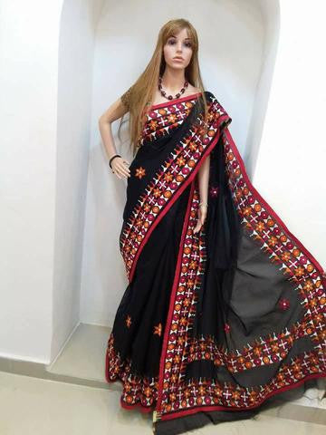 Black & Red Design Bangladeshi Pure Cotton Kathiawari Sarees - Dailybuyys