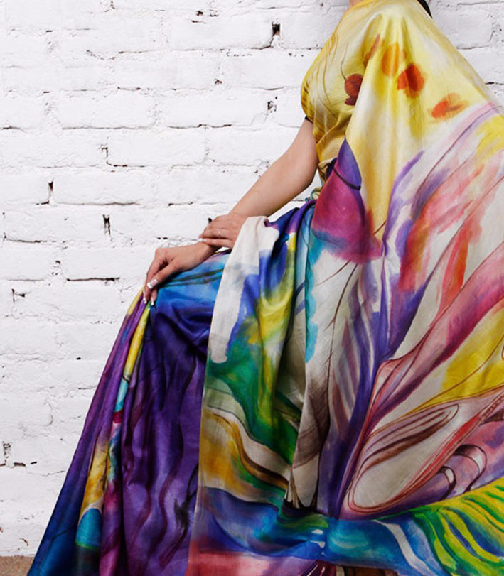 Beige Blue Hand Painted Pure Silk Mark Certified Murshidabad Silk Sarees - Dailybuyys