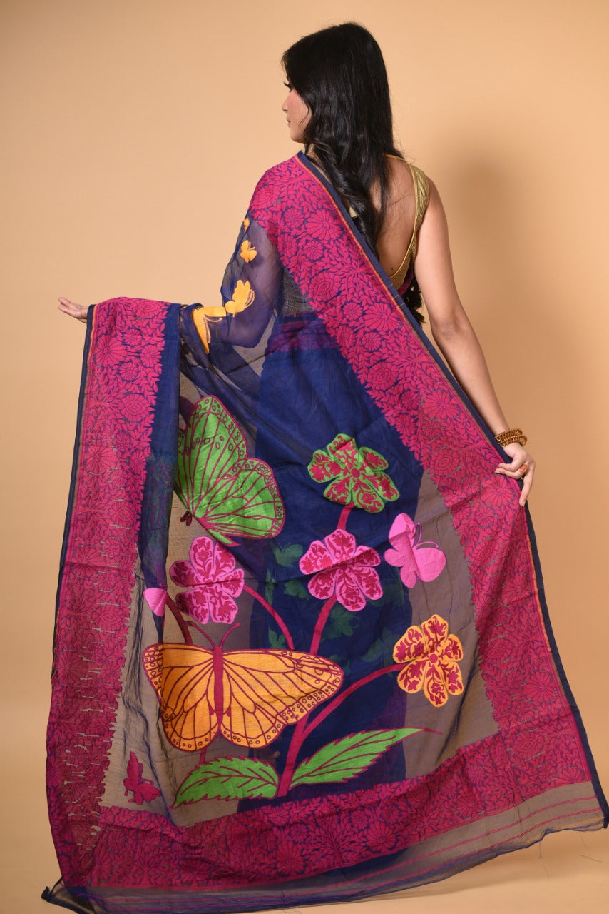 Blue & Pink Butterfly Handloom Jamdani Saree - Dailybuyys