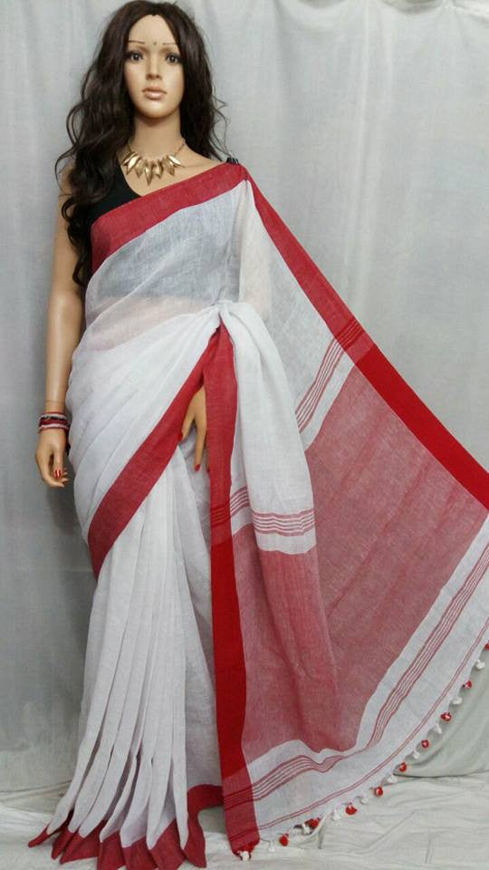 White & Red Pure Linen Sarees