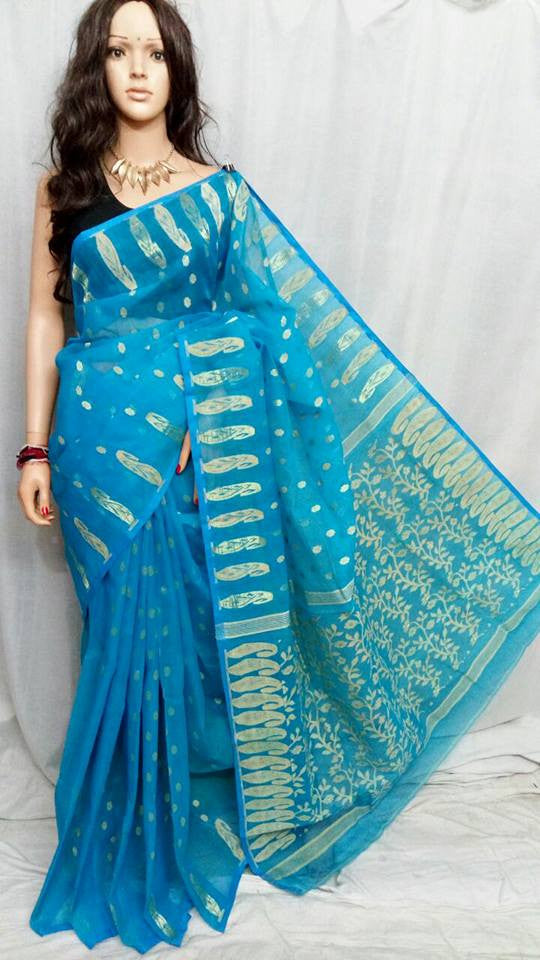 Blue Dhakai Jamdani Sarees - Dailybuyys