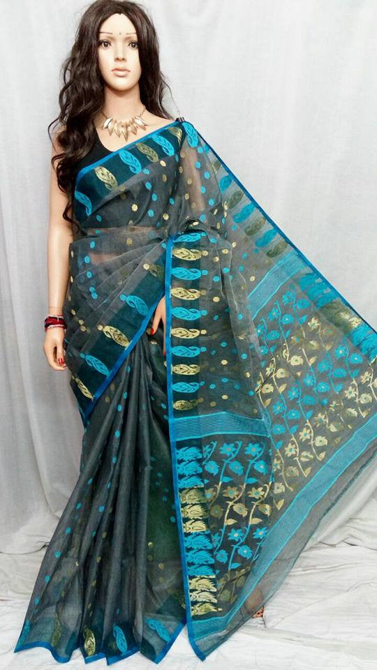 Black & Blue Dhakai Jamdani Sarees - Dailybuyys