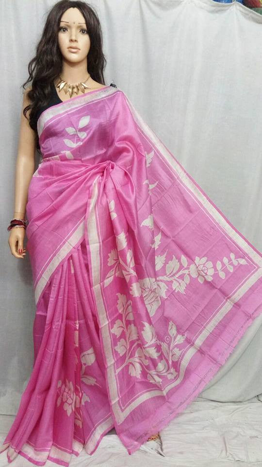 Pink Pure Silk Mark Certified Murshidabad Silk Sarees - Dailybuyys