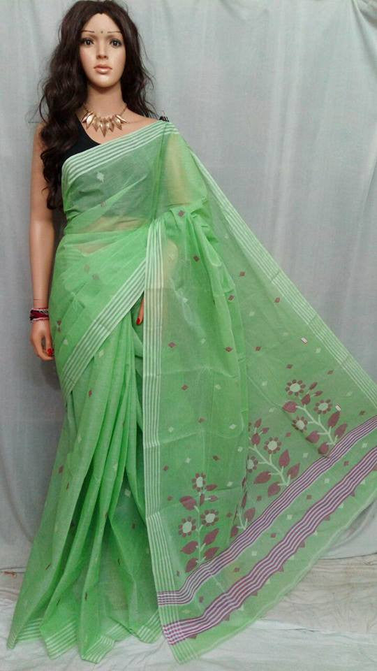 Green Pure Cotton Jamdani Sarees - Dailybuyys