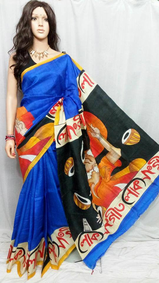 Blue Pure Silk Mark Certified Murshidabad Silk Sarees - Dailybuyys