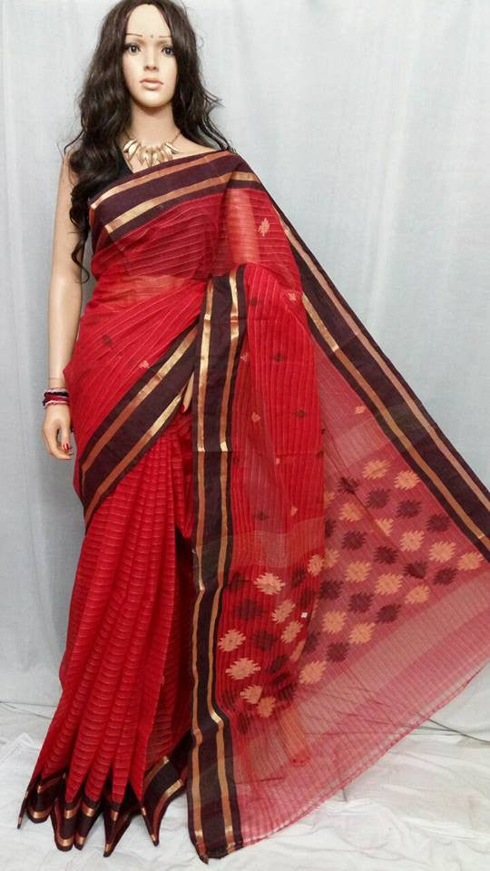 Red Pure Cotton Jamdani Sarees - Dailybuyys