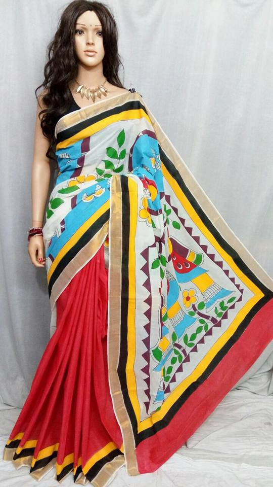 Red Kerala Pure Cotton Sarees - Dailybuyys
