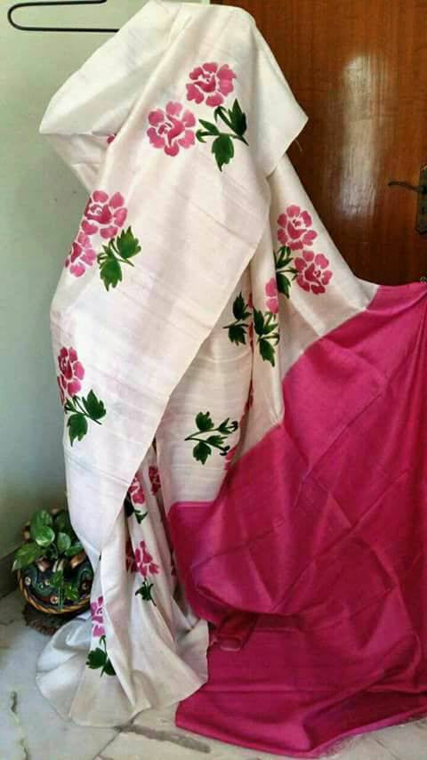 White & Pink Gulabi Block Printed Pure Silk Mark Certified Bishnupuri Silk Sarees - Dailybuyys