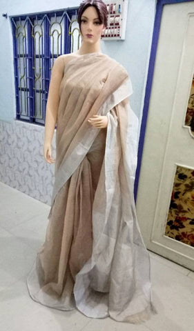 Off White & Light Brown Pure Linen Sarees
