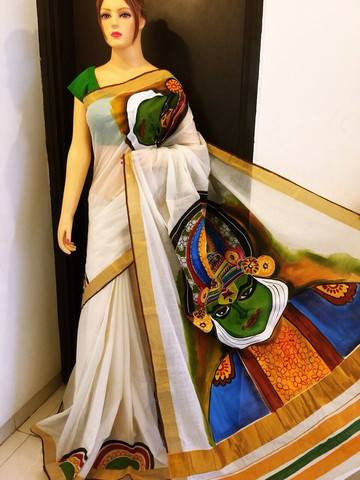 White Kerala Pure Cotton Sarees - Dailybuyys