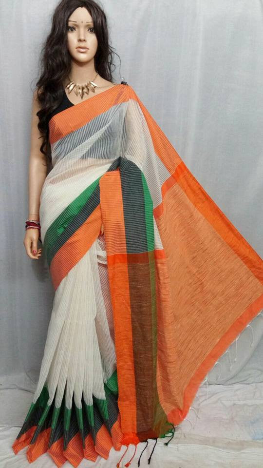 White & Orange Teen Par Pure Cotton Silk Sarees - Dailybuyys