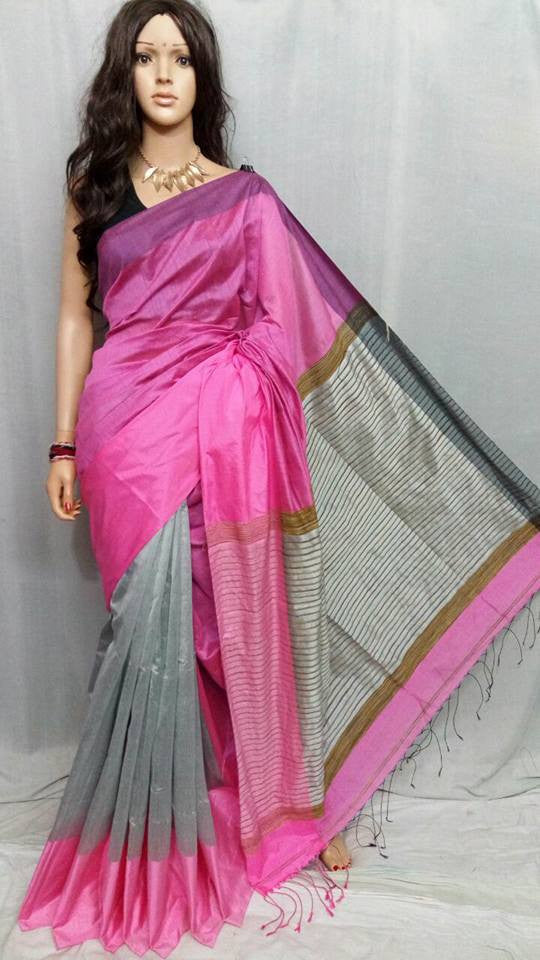 Pink & Grey Mahapar Pure Cotton Silk Sarees - Dailybuyys
