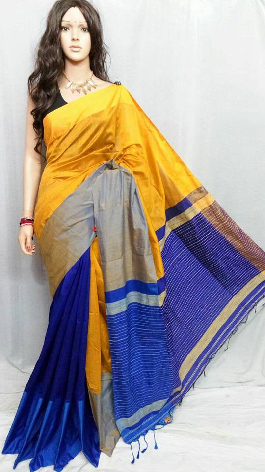 Yellow & Blue Mahapar Pure Cotton Silk Sarees - Dailybuyys