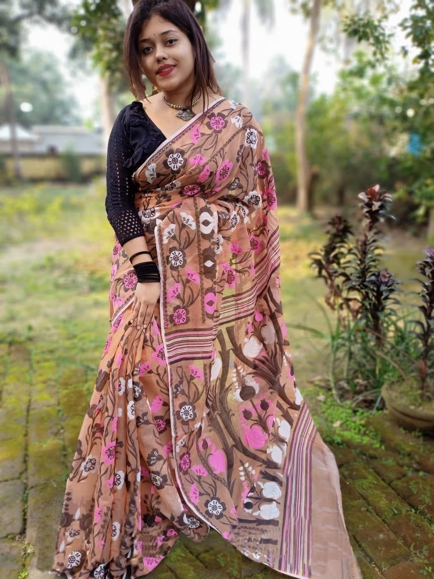 Peach soft Dhakai Jamdani Sarees - Dailybuyys