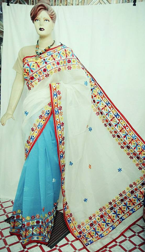 White & Sea Blue Kacchi Bangladeshi Pure Cotton Kathiawari Sarees - Dailybuyys
