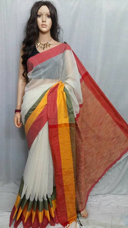 White & Red Teen Par Pure Cotton Silk Sarees - Dailybuyys