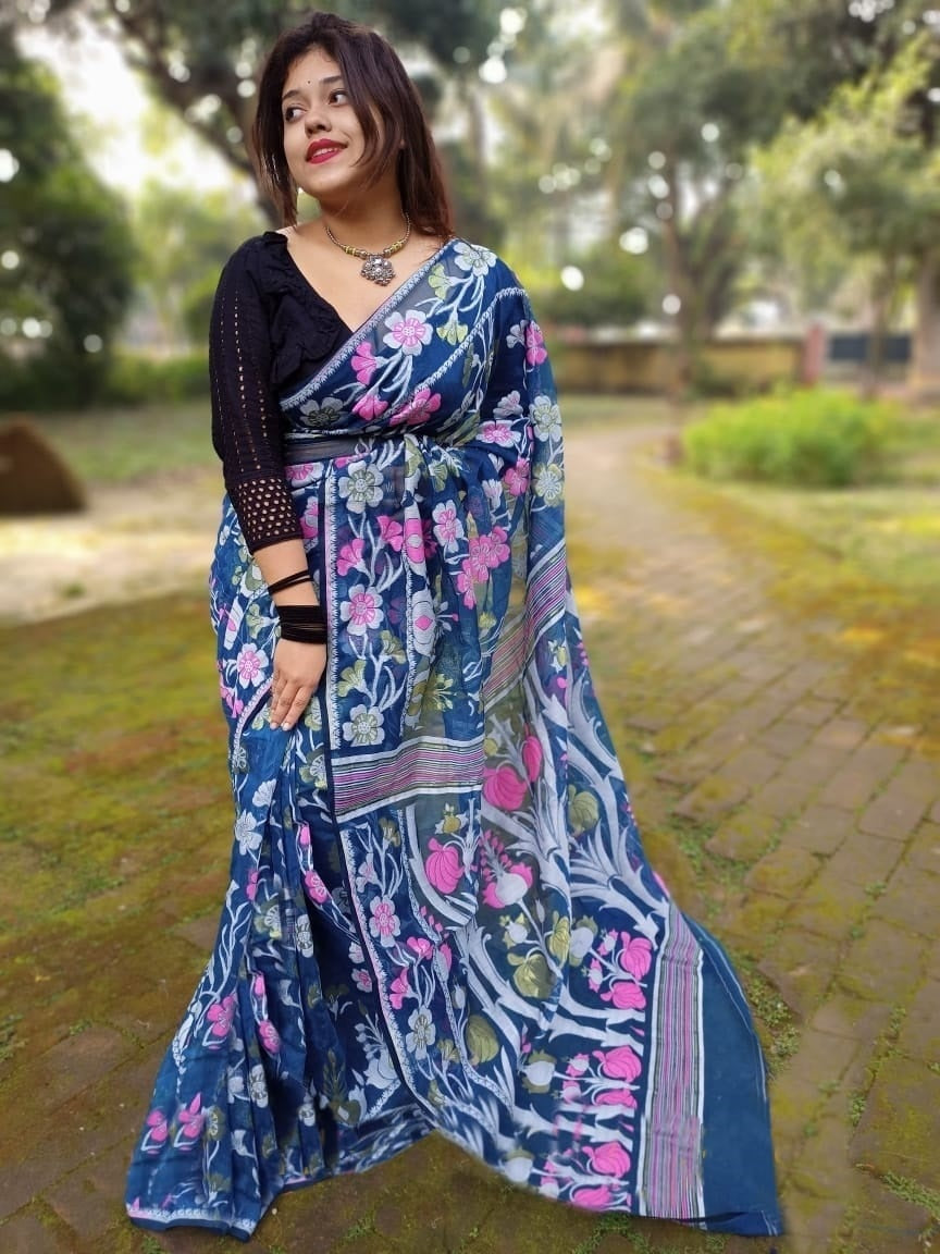 Classic Blue soft Dhakai Jamdani Sarees - Dailybuyys