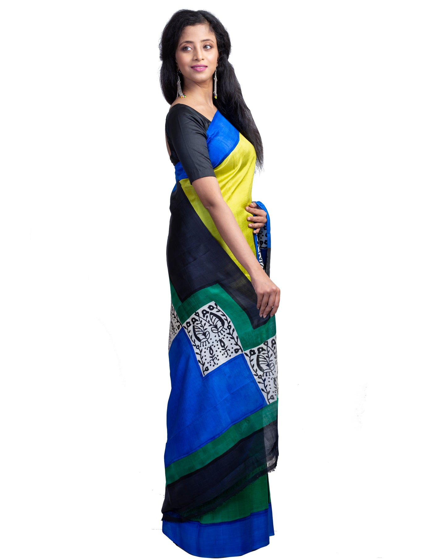 Green Lemon Block Printed Pure Silk Mark Certified Bishnupuri Silk Sarees - Dailybuyys