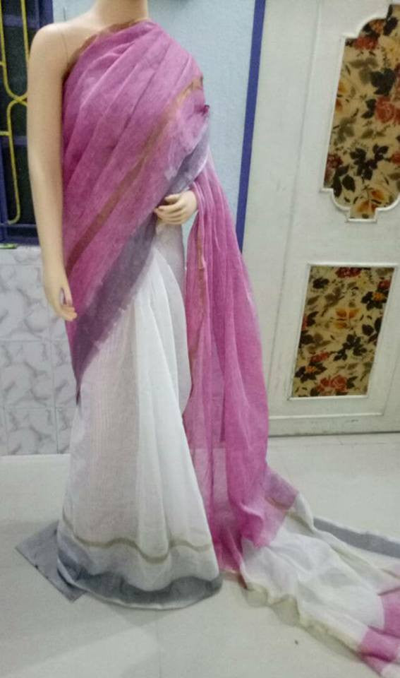 Pink White Pure 100 Count Soft Pure Linen Sarees