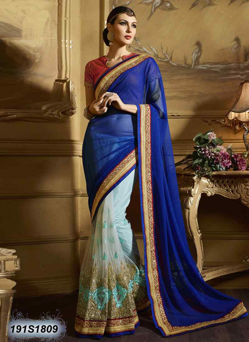 Blue & Sea Blue Georgette Sarees - Dailybuyys