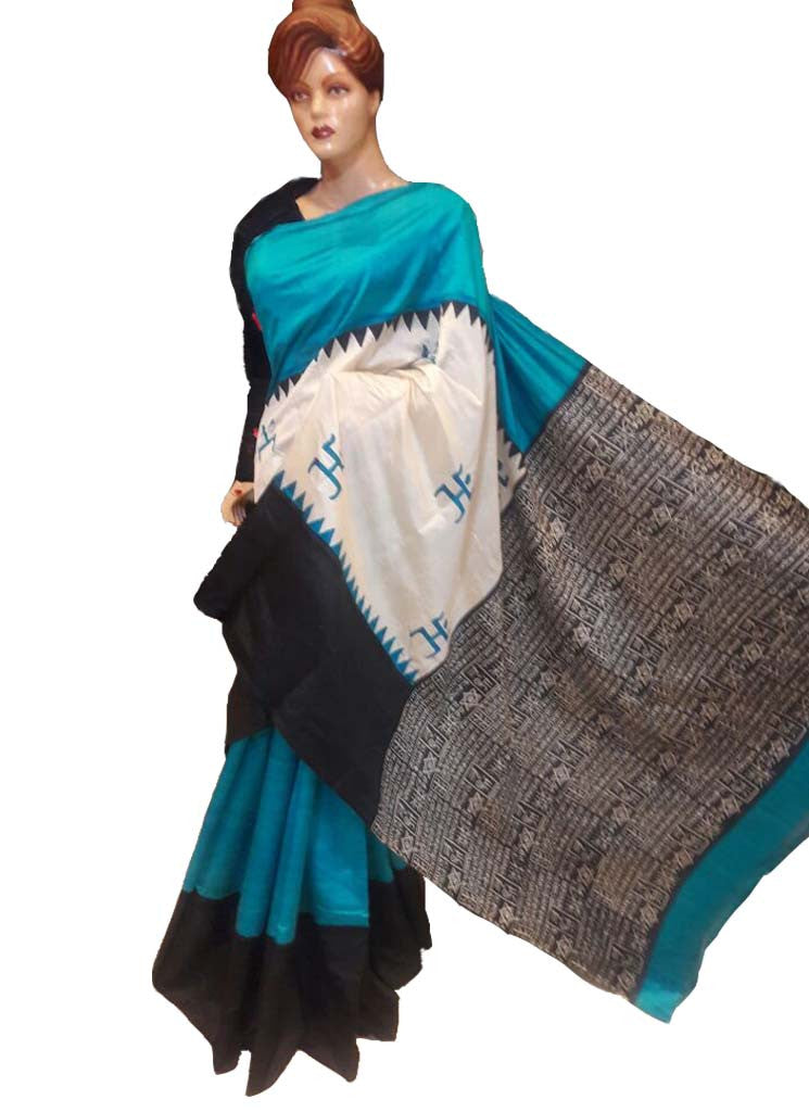 Blue & Black Block Printed Pure Silk Mark Certified Bishnupuri Silk Sarees - Dailybuyys