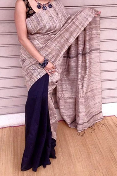 Grey Blue Pure Silk Mark Certified Tussar Ghicha Silk Sarees - Dailybuyys