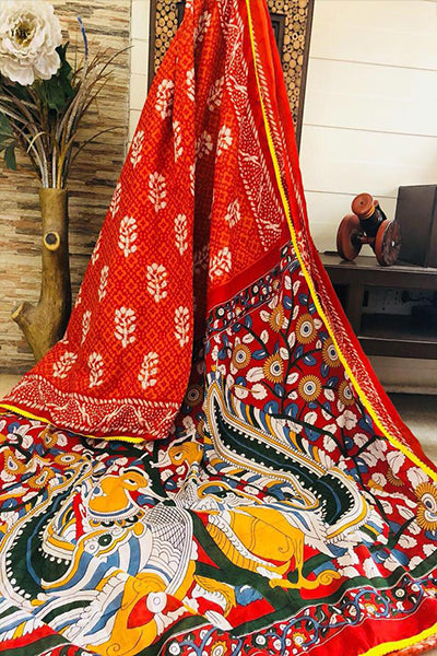 Orange Bagru Kalamkari Printed Pure Cotton Sarees - Dailybuyys