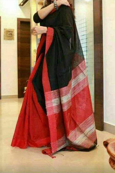 Black Red Handloom Ghicha Sarees - Dailybuyys