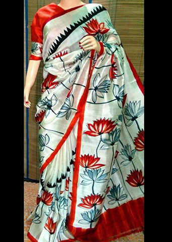 White & Red Hand Painted Pure Silk Mark Certified Bishnupuri Silk Sarees - Dailybuyys