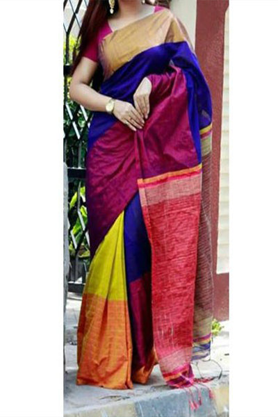 Purple & Blue Mahapar Pure Cotton Silk Sarees - Dailybuyys