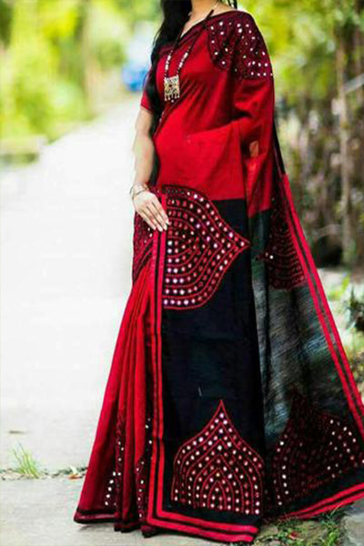 Red Black Mirror Work Handloom Sarees - Dailybuyys