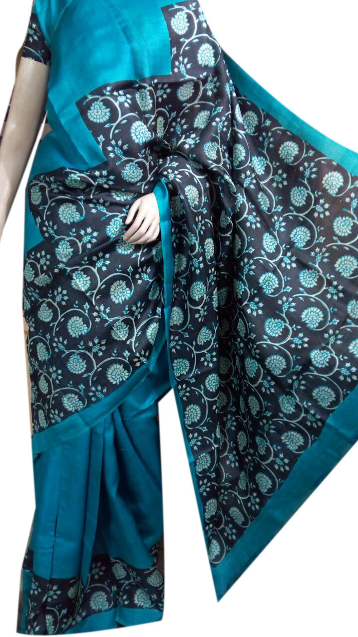 Blue Black Gachi Zari Border Pure Silk Mark Certified Tussar Silk Sarees - Dailybuyys