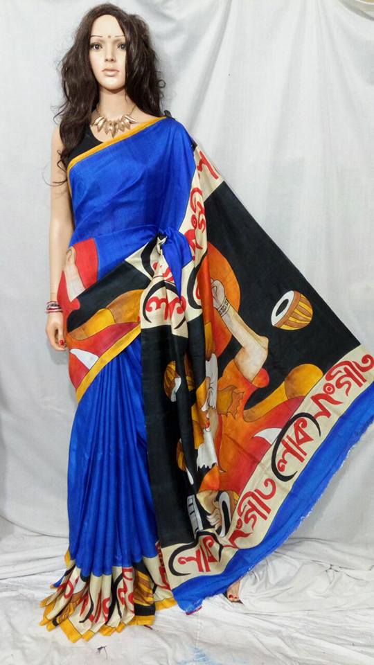 Blue Hand Painted Pure Silk Mark Certified Bishnupuri Silk Sarees