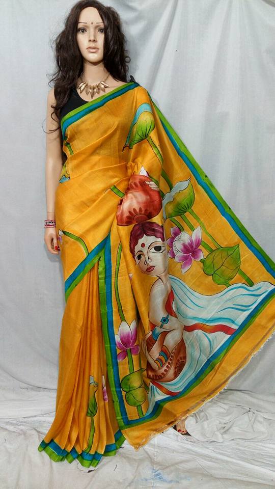 Yellow Hand Painted Pure Silk Mark Certified Bishnupuri Silk Sarees - Dailybuyys