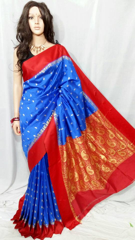 Blue Red Garad Silk Sarees - Dailybuyys
