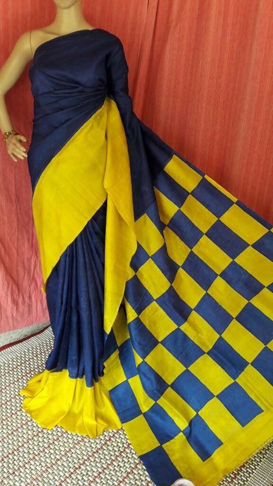 Blue Yellow Pure Silk Mark Certified Murshidabad Silk Sarees - Dailybuyys