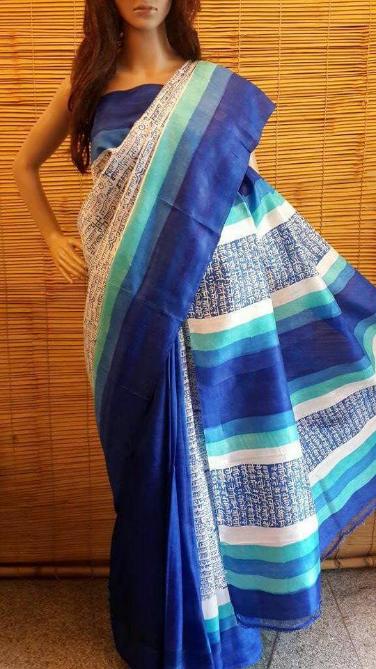 Blue White Pure Silk Mark Certified Murshidabad Silk Sarees - Dailybuyys