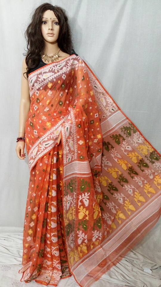 Orange Dhakai Jamdani Sarees - Dailybuyys
