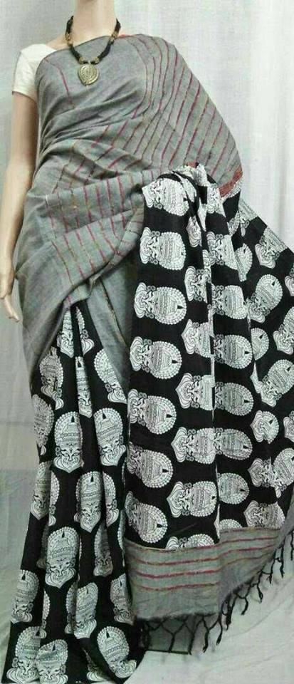 Balck Grey Pure Cotton Khesh Sarees - Dailybuyys