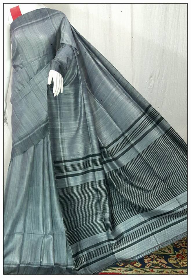 Grey Block Printed Pure Silk Mark Certified Tussar Ghicha Silk Sarees - Dailybuyys
