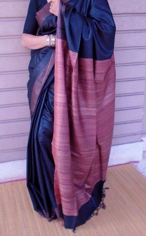 Blue Pure Silk Mark Certified Tussar Ghicha Silk Sarees - Dailybuyys